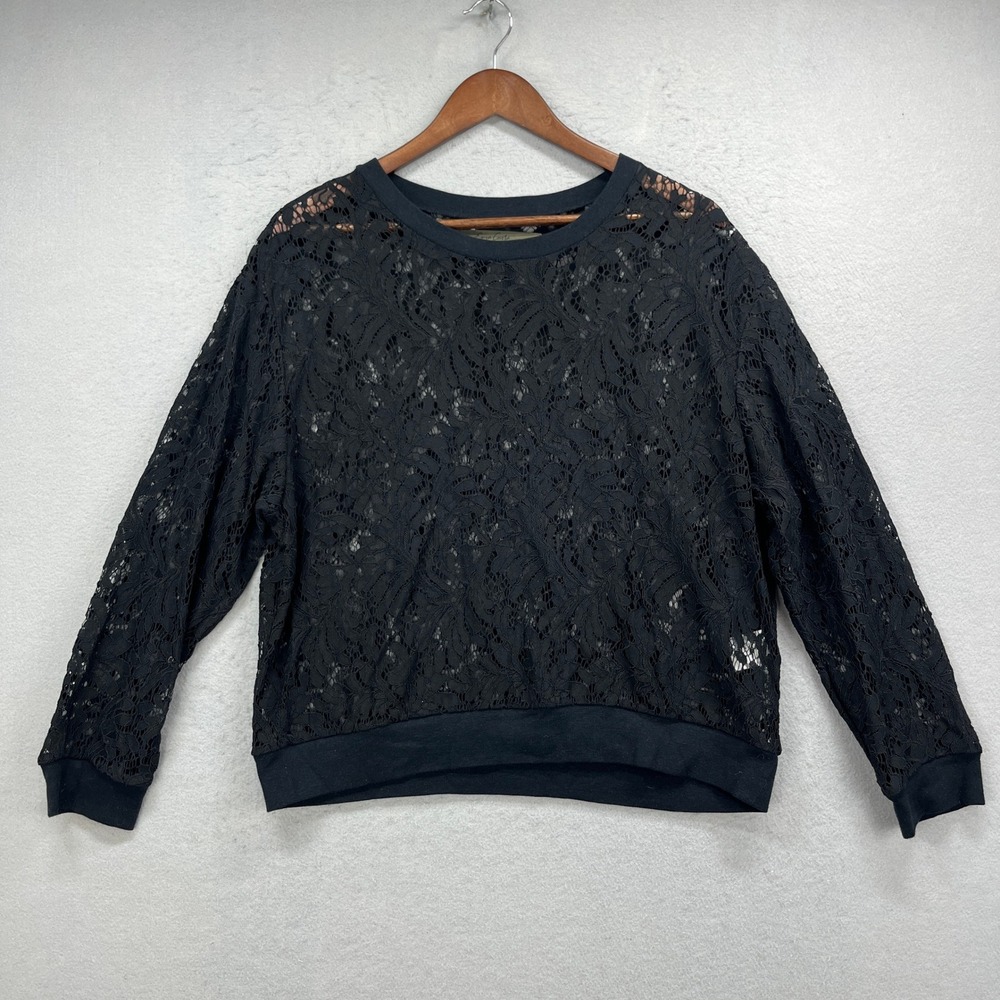 Enza Costa Lace Top Women 3 Black Floral Sheer Long Sleeve Rib Trim Whimsigoth